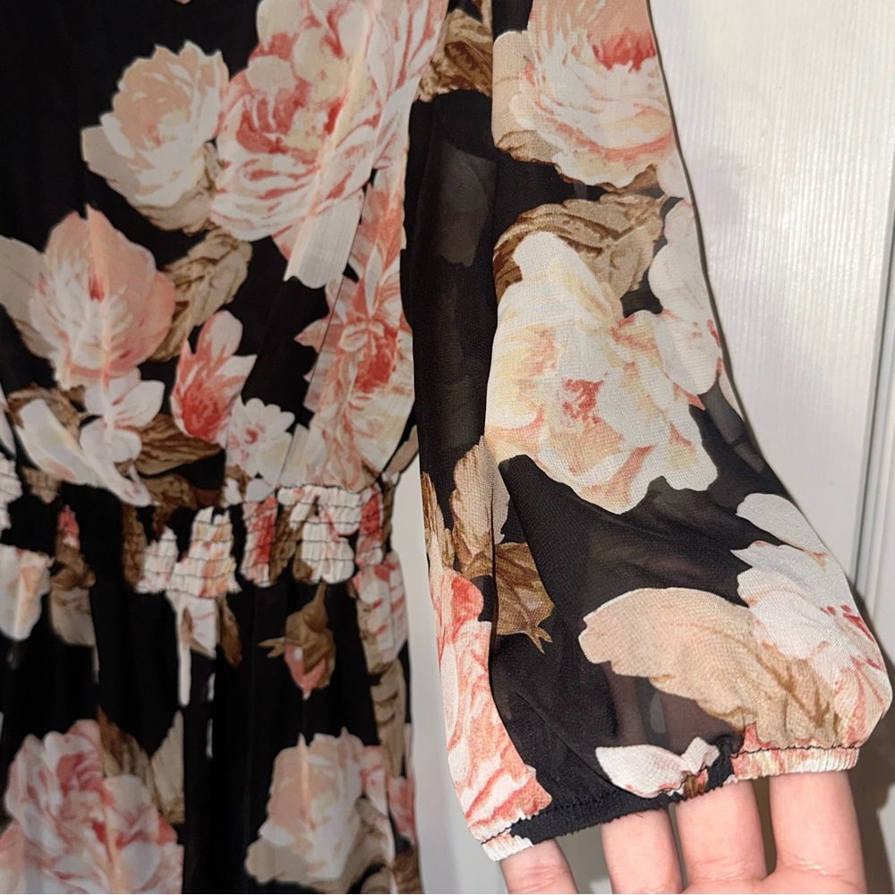 Black Floral Midi Dress with Pink Blooms - Picture 4 of 9